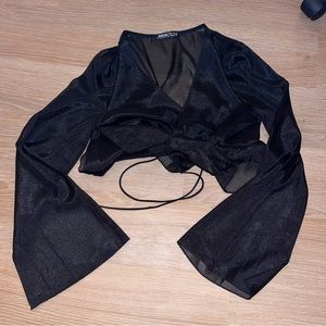 SHEIN sheer black long billowed sleeve tie wrap shirt